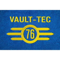 The blue bathrobe displays an embroidered Vault-Tec logo with the number 76, referencing the Fallout video game series.