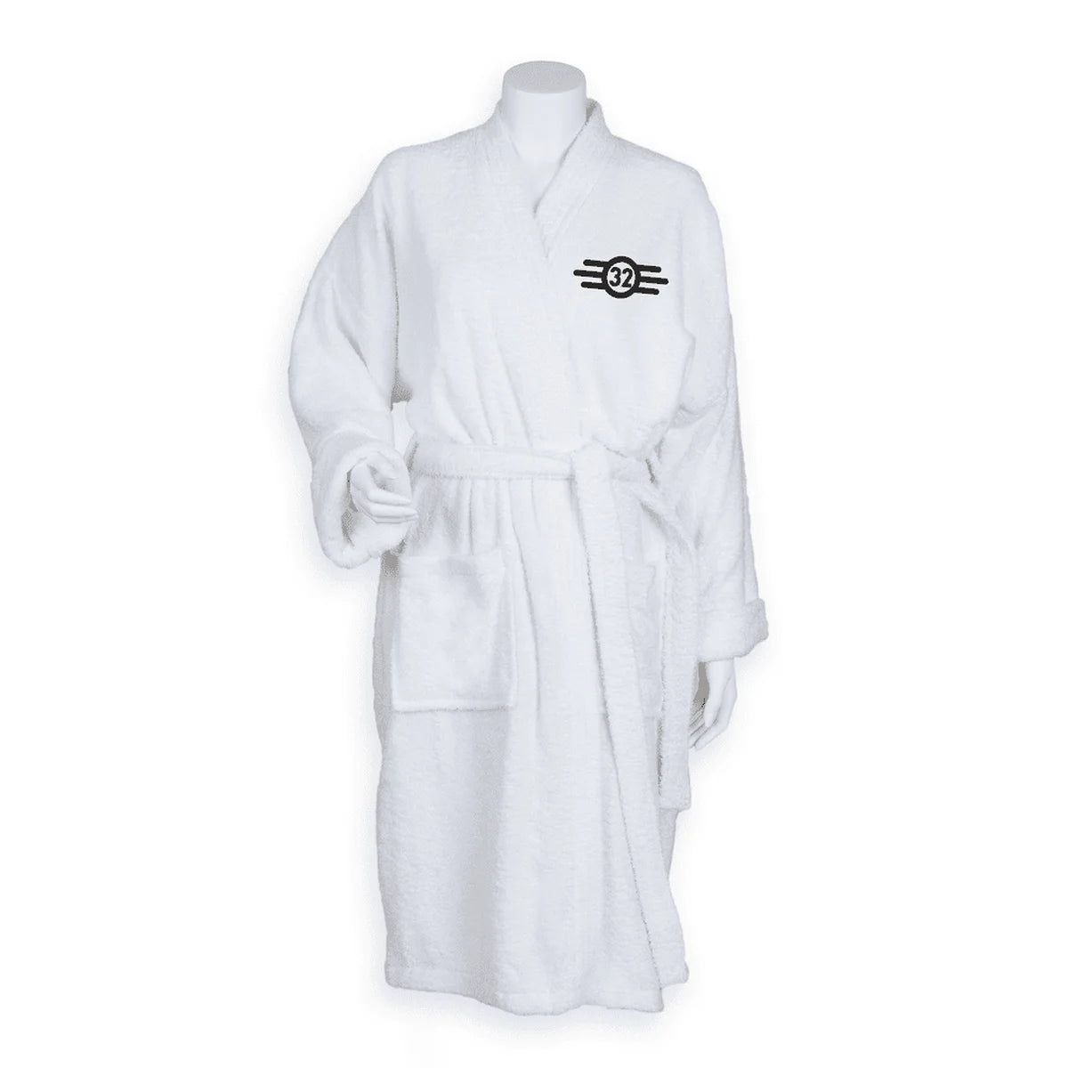 A white terry cloth bathrobe features an embroidered Vault Tec logo with the number 32 on the sleeve, referencing the Fallout video game series.