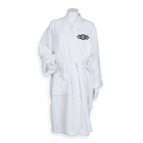 A white terry cloth bathrobe features an embroidered Vault Tec logo with the number 32 on the sleeve, referencing the Fallout video game series.