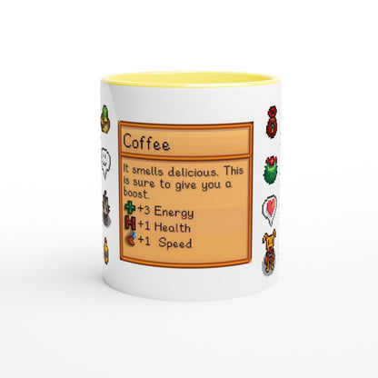 A white mug with a yellow rim features a Stardew Drinks pattern including sprites and a coffee beverage card detailing its effects.
