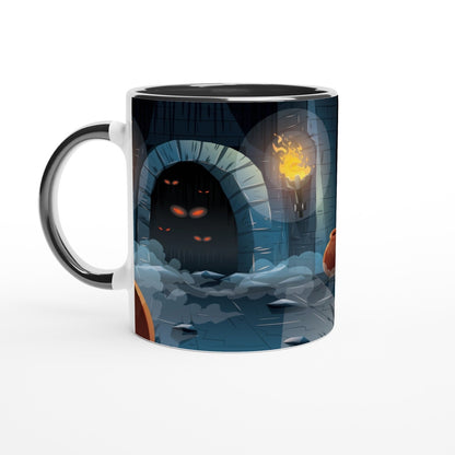 A ceramic mug displays an illustration of a chibi Link character with a fairy inside a dungeon setting from The Legend of Zelda: Breath of the Wild (BOTW) and Tears of the Kingdom (TOTK).