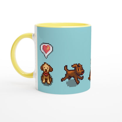 A yellow mug displays pixel art of dogs and a heart from the Stardew Valley video game.