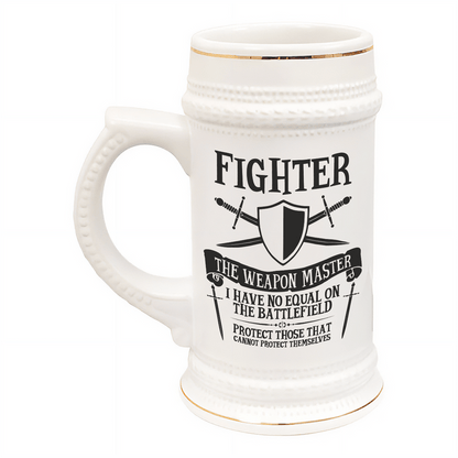 A white ceramic tankard featuring "Fighter" and related D&D imagery is decorated with gold accents and a textured handle.