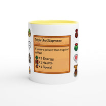 A white ceramic mug featuring a Stardew Valley inspired drink card design for Triple Shot Espresso with pixelated icons and stat boosts.