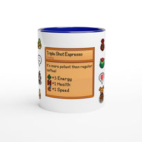 A white ceramic mug featuring a Stardew Valley inspired drink card design for Triple Shot Espresso with pixelated icons and status buffs.