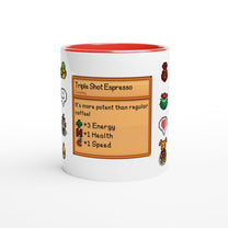 A white ceramic mug featuring a Stardew Valley inspired design with a Triple Shot Espresso drink card and various pixelated game sprites.