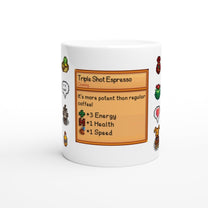 A white ceramic mug featuring a Stardew Valley inspired design with pixel art icons and a Triple Shot Espresso item card description.