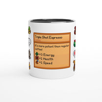 A white mug featuring a Stardew Valley inspired drink card design for Triple Shot Espresso that lists stat boosts for energy, health, and speed.