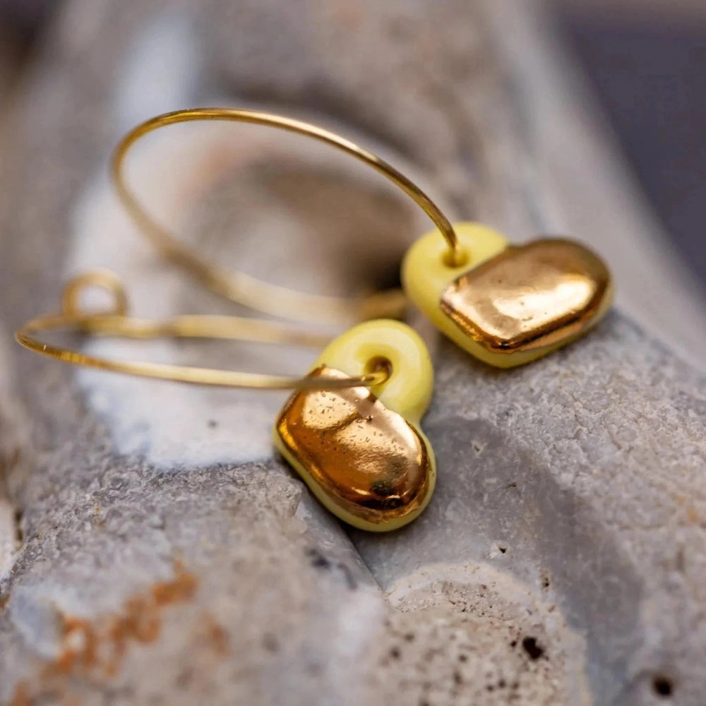 Yellow Porcelain Dainty Heart Earrings | Handmade Ceramic on Hoops