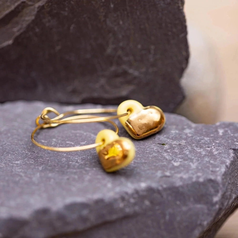 Yellow Porcelain Dainty Heart Earrings | Handmade Ceramic on Hoops