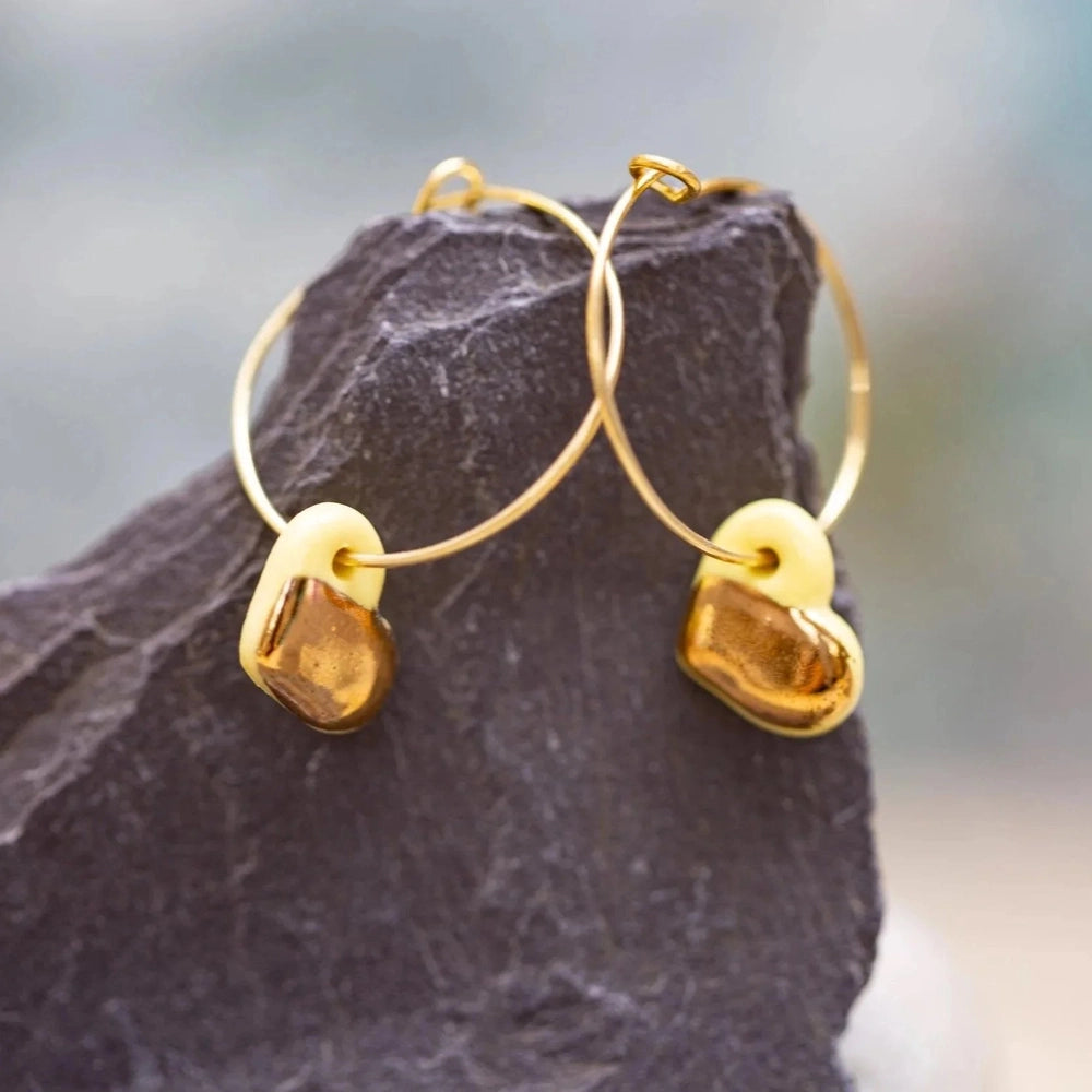 Yellow Porcelain Dainty Heart Earrings | Handmade Ceramic on Hoops