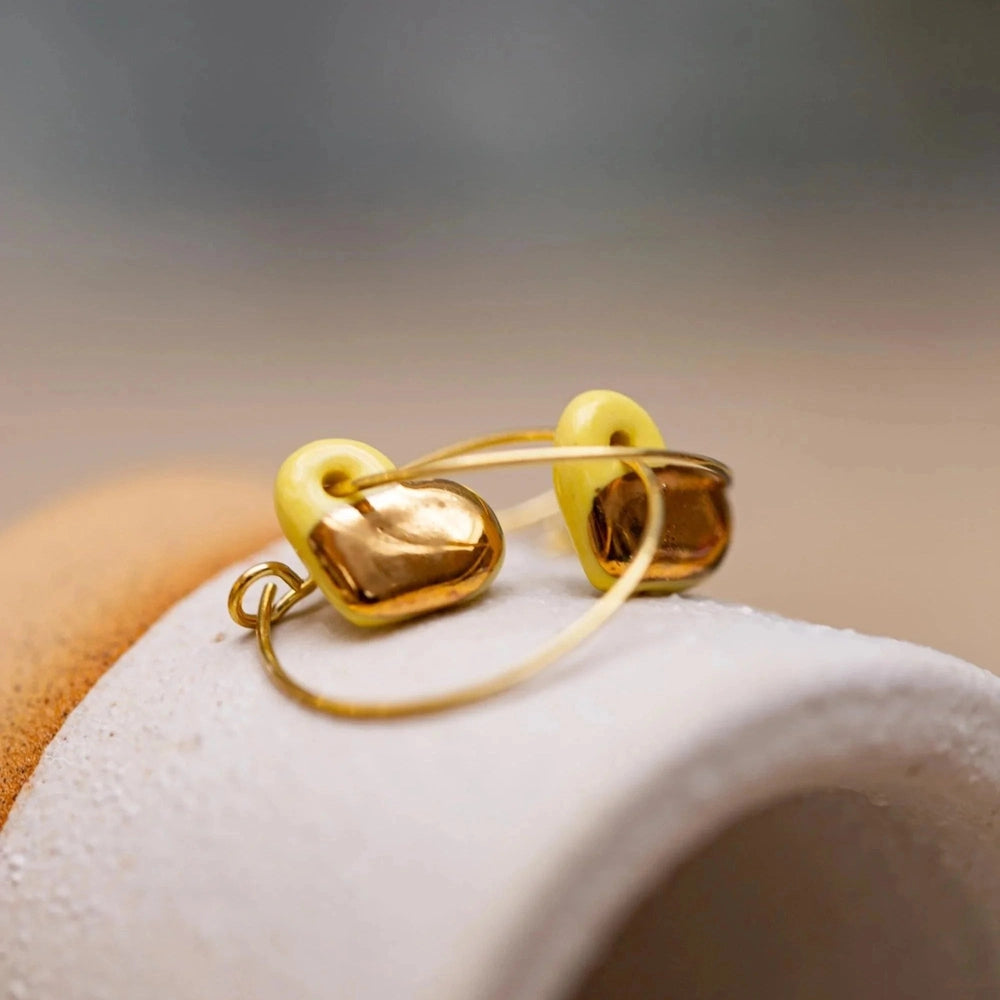 Yellow Porcelain Dainty Heart Earrings | Handmade Ceramic on Hoops