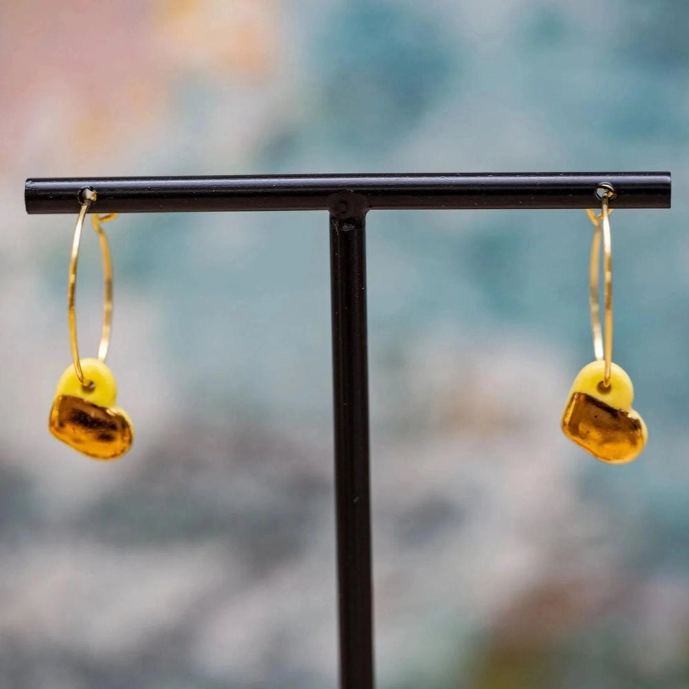 Yellow Porcelain Dainty Heart Earrings | Handmade Ceramic on Hoops