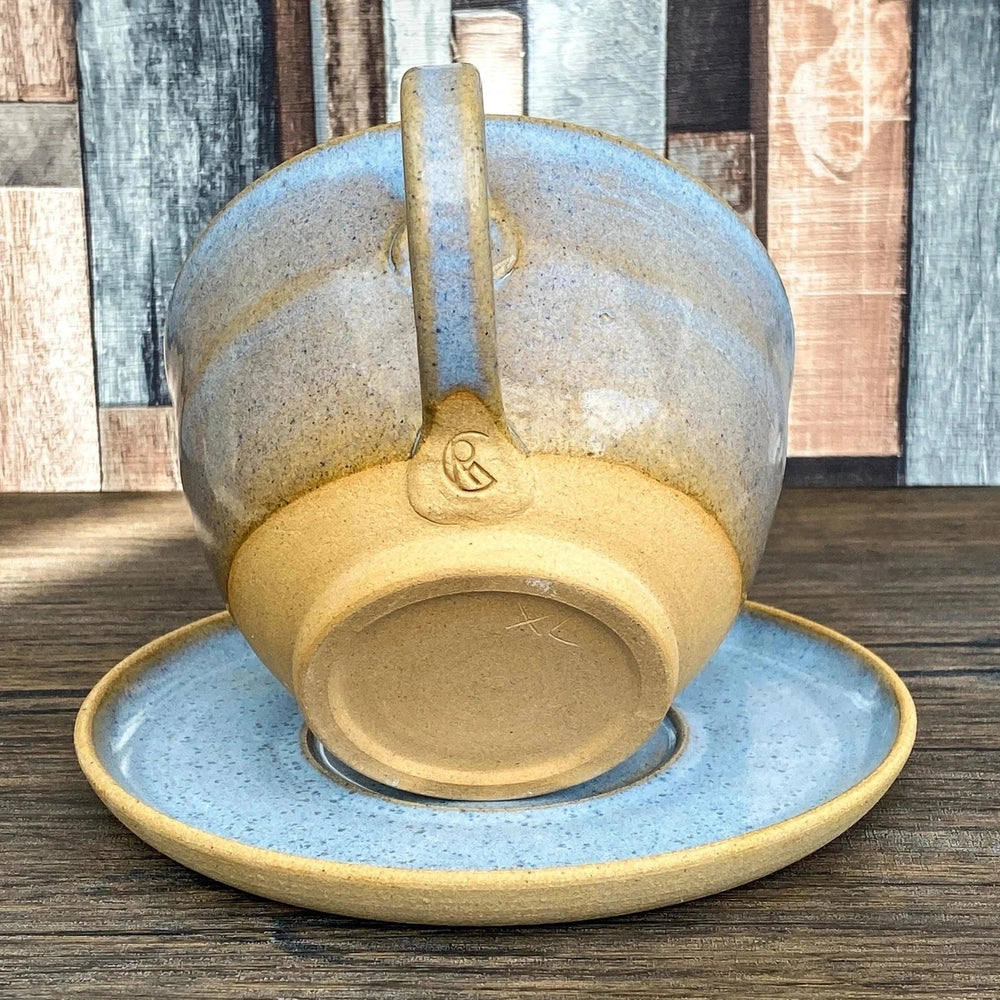 XL Wheel Thrown Cappuccino Mug and Saucer in Blue