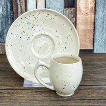 Handmade Espresso Cup & Saucer | 60ml Stoneware Demitasse Set | Speckled Soft White Glaze