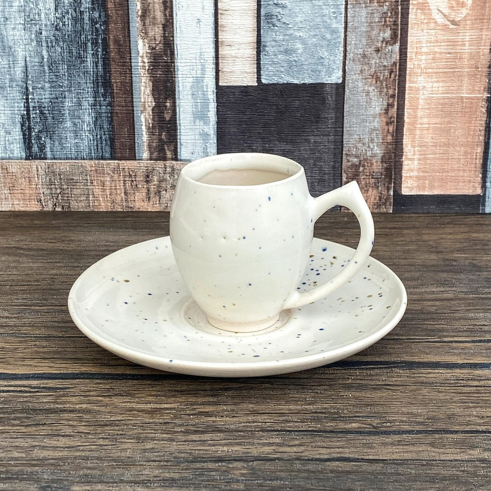 Handmade Espresso Cup & Saucer | 60ml Stoneware Demitasse Set | Speckled Soft White Glaze