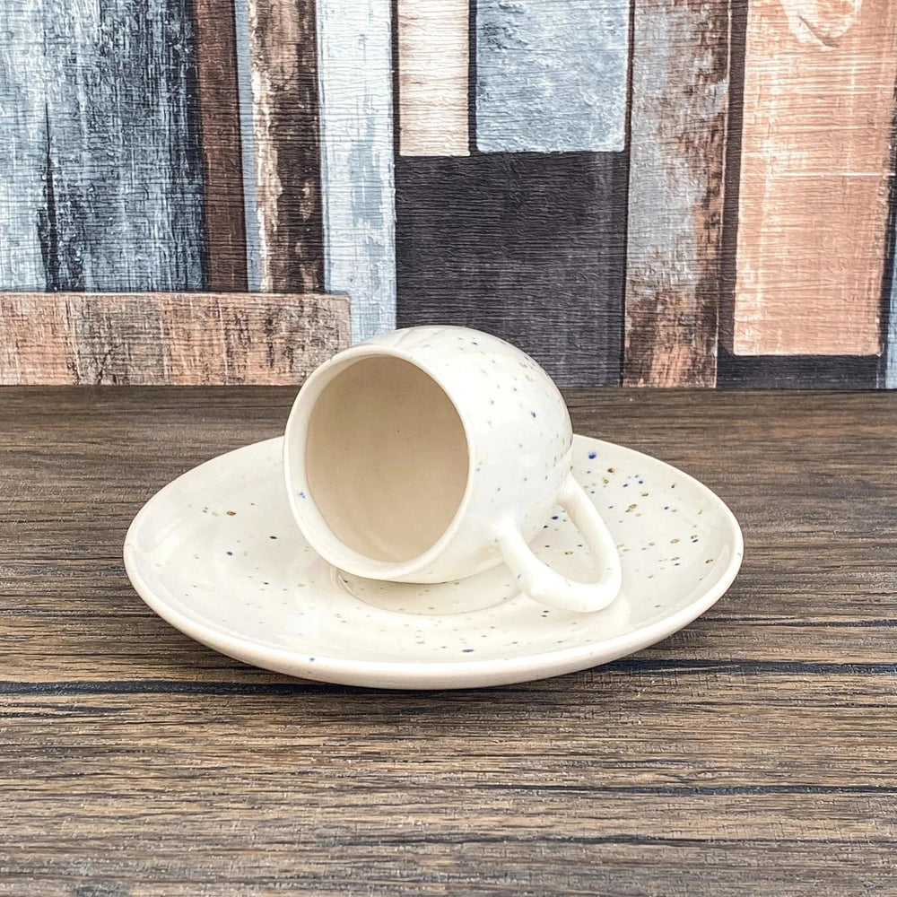 Handmade Espresso Cup & Saucer | 60ml Stoneware Demitasse Set | Speckled Soft White Glaze