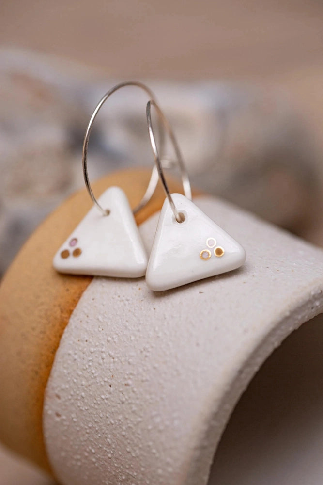 Porcelain Dotted Triangle Earrings | Handmade Ceramic & Gold Jewellery