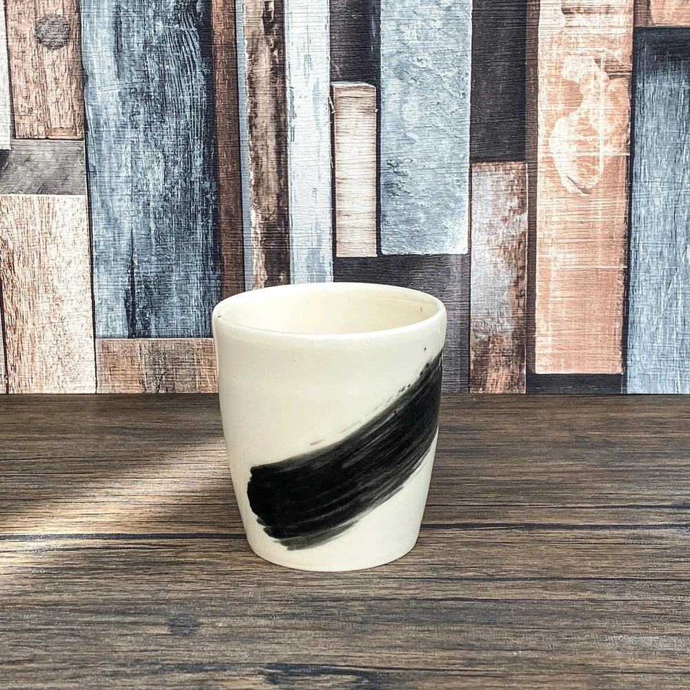 Handmade Porcelain Tumblers | Minimalist Mug with Black Brushstroke | Handleless 250ml