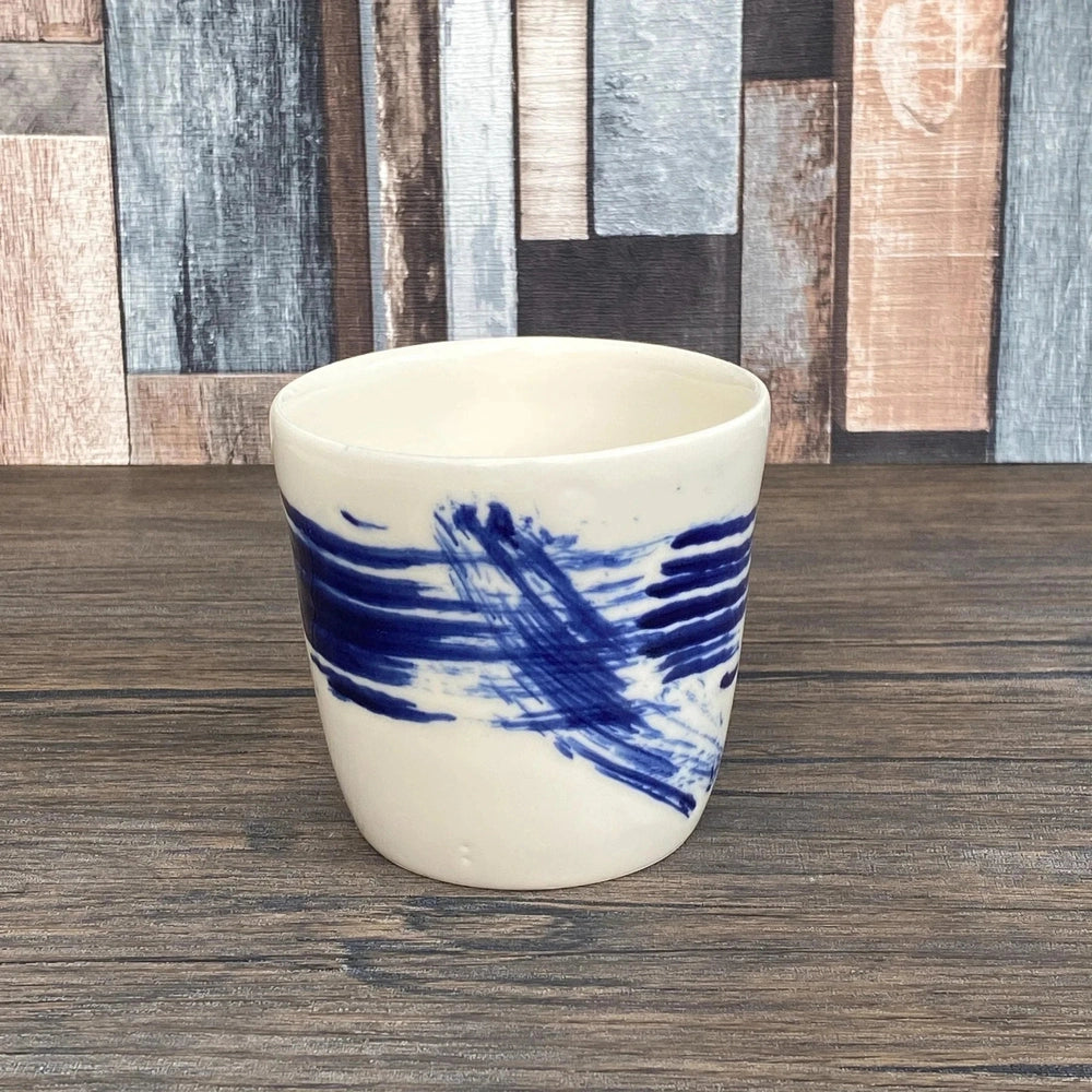 Unique Porcelain Tumblers | Abstract Blue Brushstroke Design | Modern Chinoiserie Coffee, Tea  or Water Mug