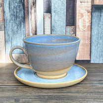 XL Wheel Thrown Cappuccino Mug and Saucer in Blue