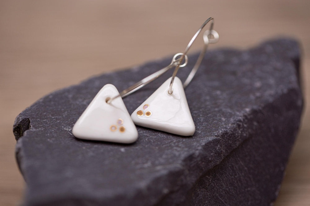 Porcelain Dotted Triangle Earrings | Handmade Ceramic & Gold Jewellery