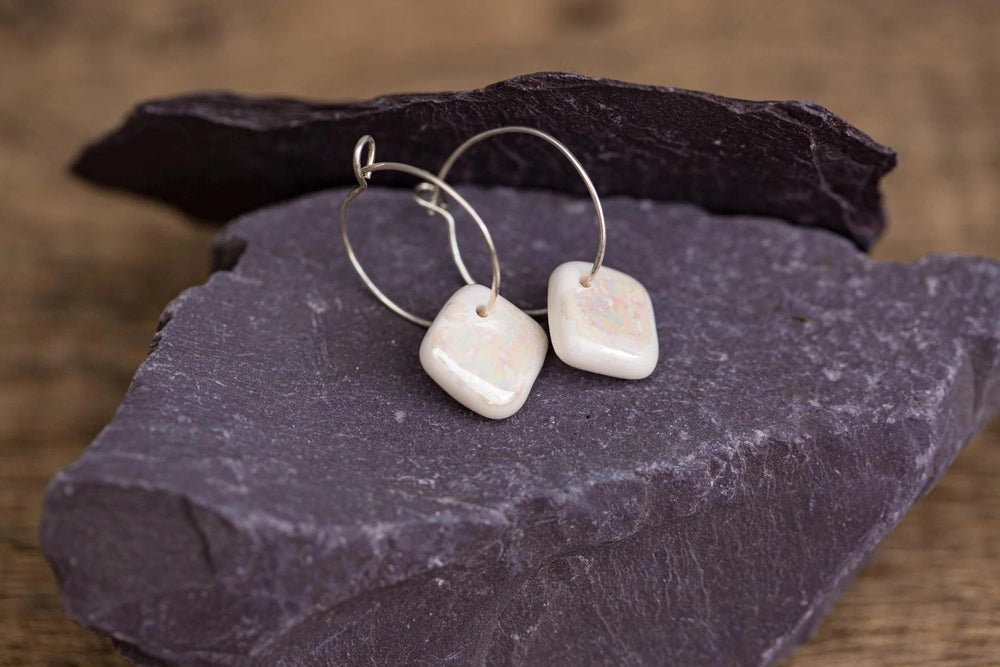 White Porcelain Iridescent Earrings | Handmade Ceramic & Silver Jewellery