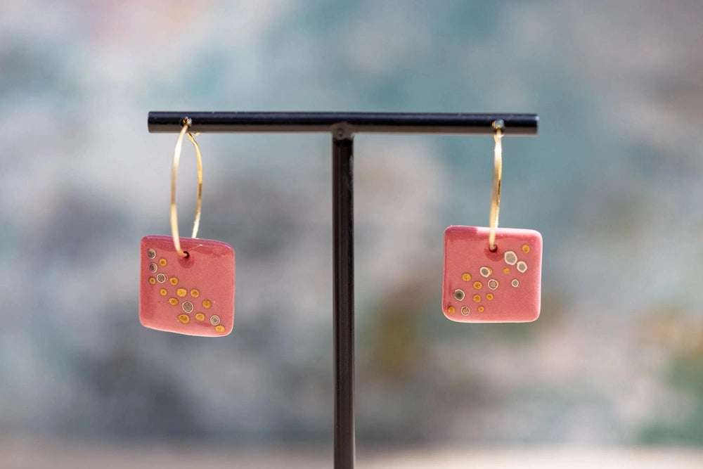 Raspberry Pink Square Porcelain Hand-Crafted Earrings with Painted Details