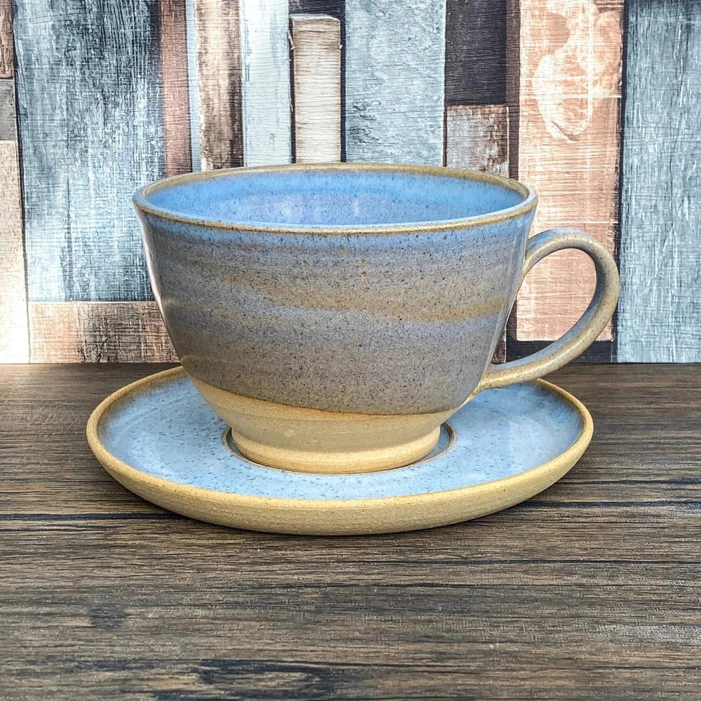 XL Wheel Thrown Cappuccino Mug and Saucer in Blue