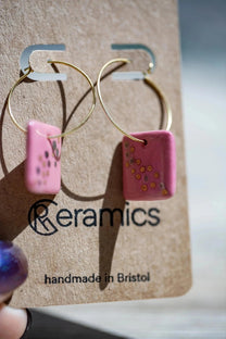Raspberry Pink Square Porcelain Hand-Crafted Earrings with Painted Details