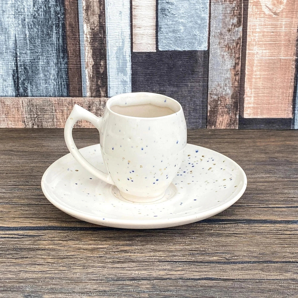 Handmade Espresso Cup & Saucer | 60ml Stoneware Demitasse Set | Speckled Soft White Glaze