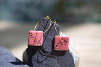 Raspberry Pink Square Porcelain Hand-Crafted Earrings with Painted Details