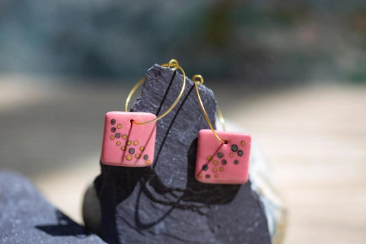 Raspberry Pink Square Porcelain Hand-Crafted Earrings with Painted Details