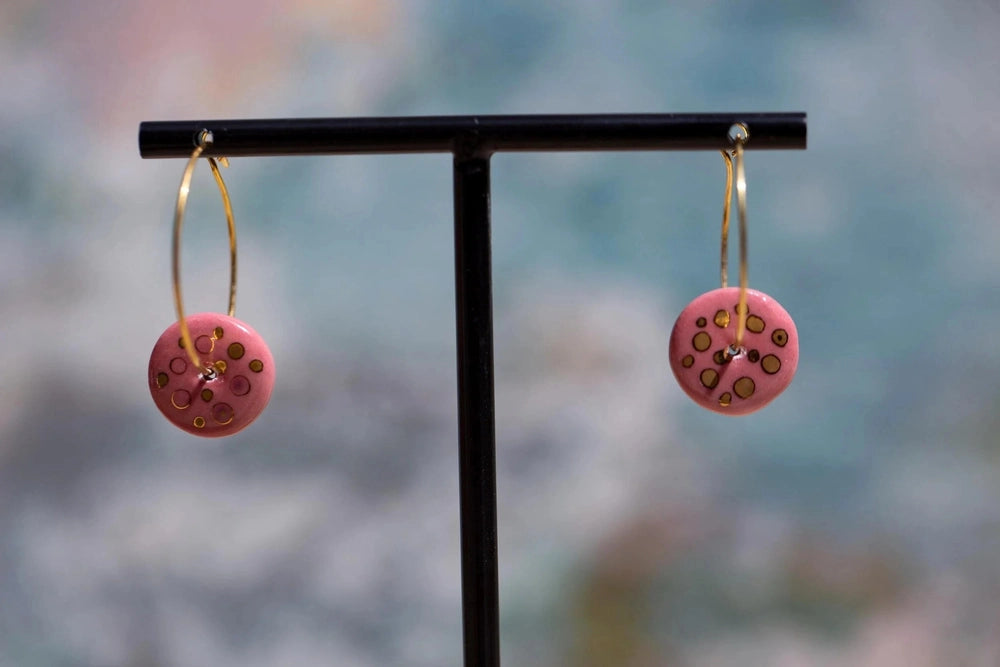 Pink Raspberry Porcelain Hoop Earrings | 24K Gold Minimalist Jewellery