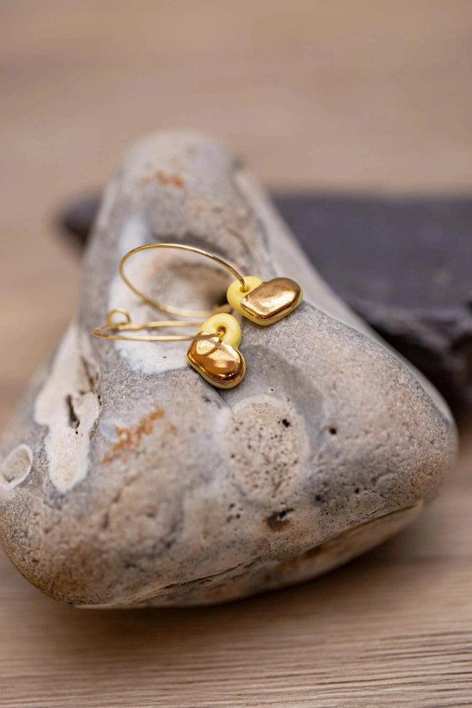 Yellow Porcelain Dainty Heart Earrings | Handmade Ceramic on Hoops