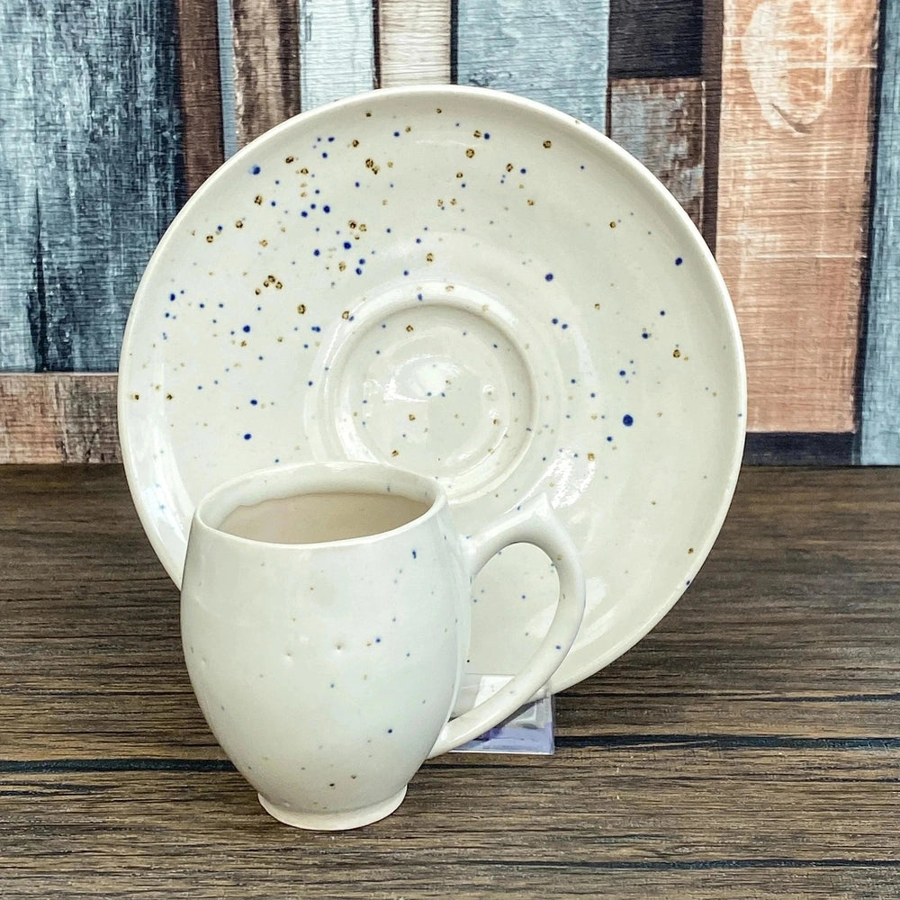 Handmade Espresso Cup & Saucer | 60ml Stoneware Demitasse Set | Speckled Soft White Glaze