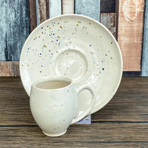 Handmade Espresso Cup & Saucer | 60ml Stoneware Demitasse Set | Speckled Soft White Glaze