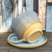 XL Wheel Thrown Cappuccino Mug and Saucer in Blue