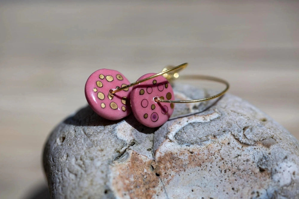 Pink Raspberry Porcelain Hoop Earrings | 24K Gold Minimalist Jewellery