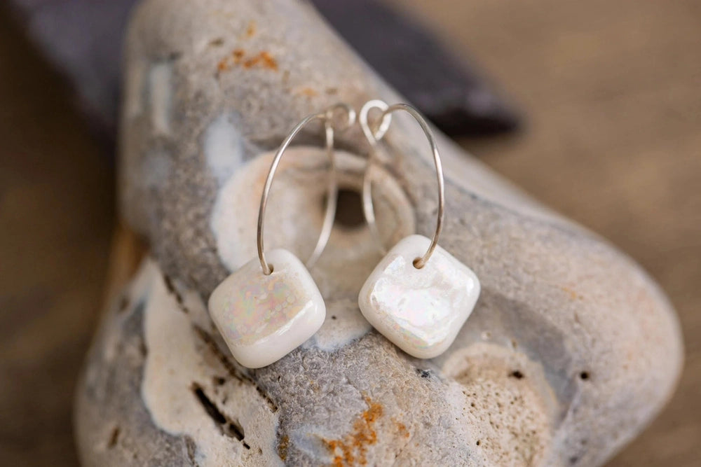 White Porcelain Iridescent Earrings | Handmade Ceramic & Silver Jewellery