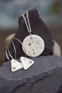 Porcelain Dotted Jewellery | Unique Handmade Ceramic & Silver Earrings with Necklace Set