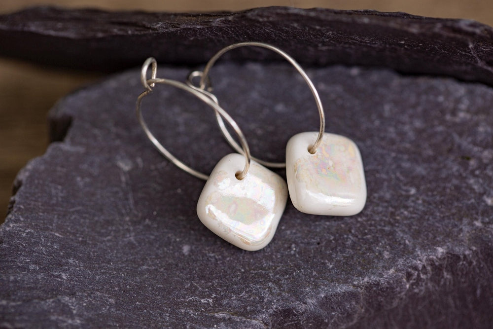 White Porcelain Iridescent Earrings | Handmade Ceramic & Silver Jewellery