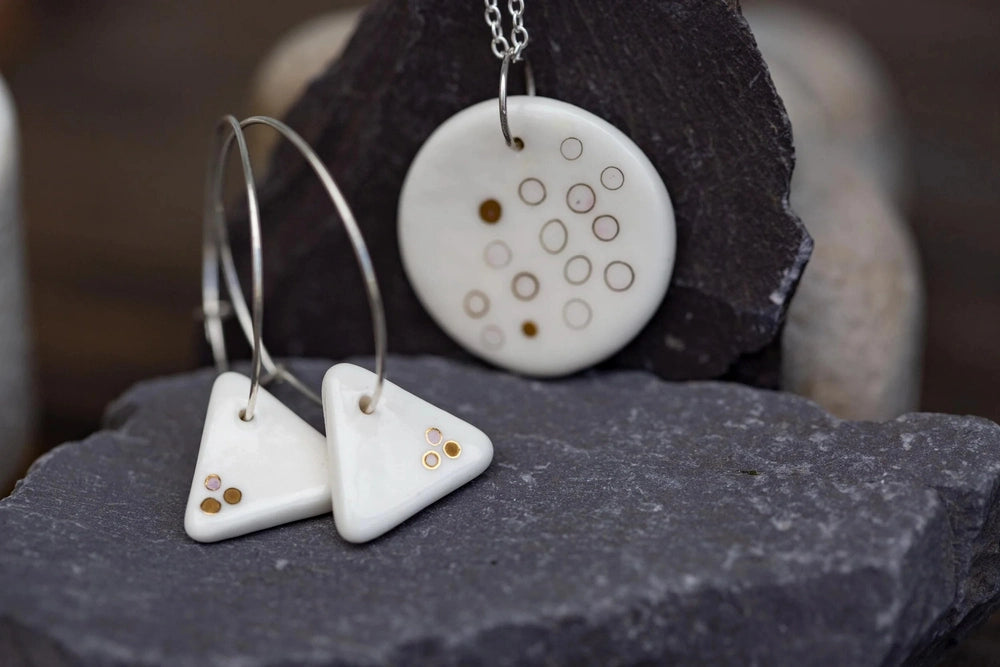 Porcelain Dotted Jewellery | Unique Handmade Ceramic & Silver Earrings with Necklace Set