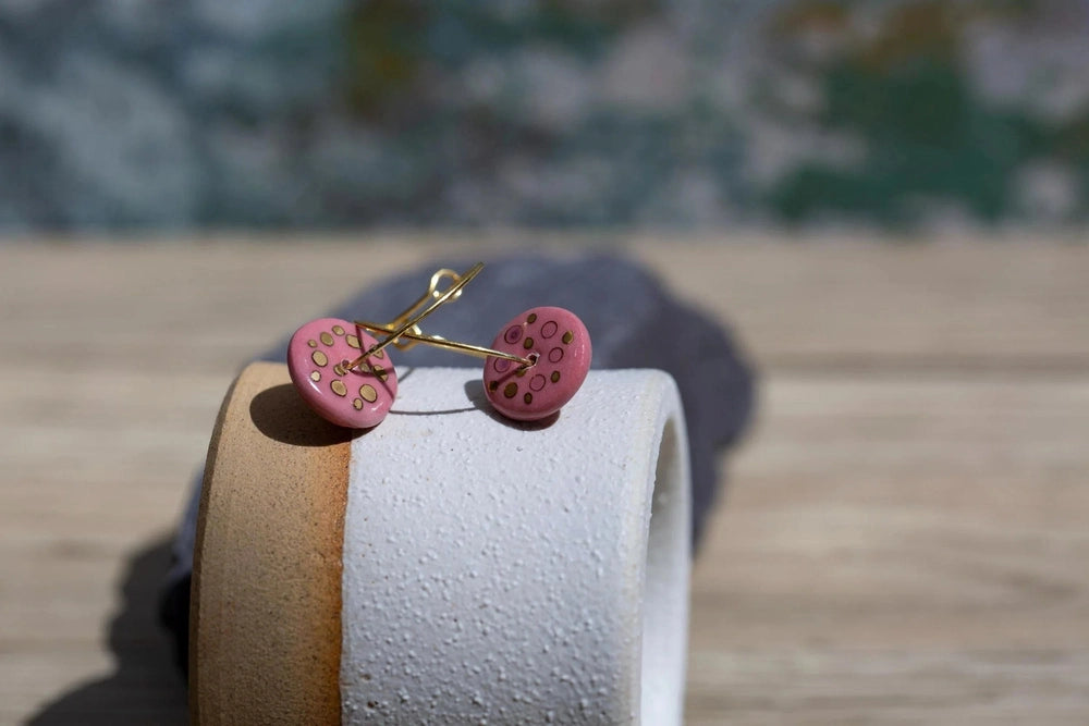 Pink Raspberry Porcelain Hoop Earrings | 24K Gold Minimalist Jewellery