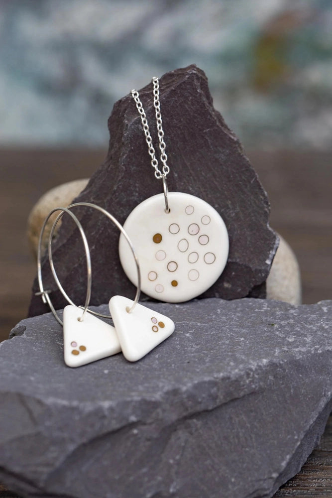 Porcelain Dotted Jewellery | Unique Handmade Ceramic & Silver Earrings with Necklace Set