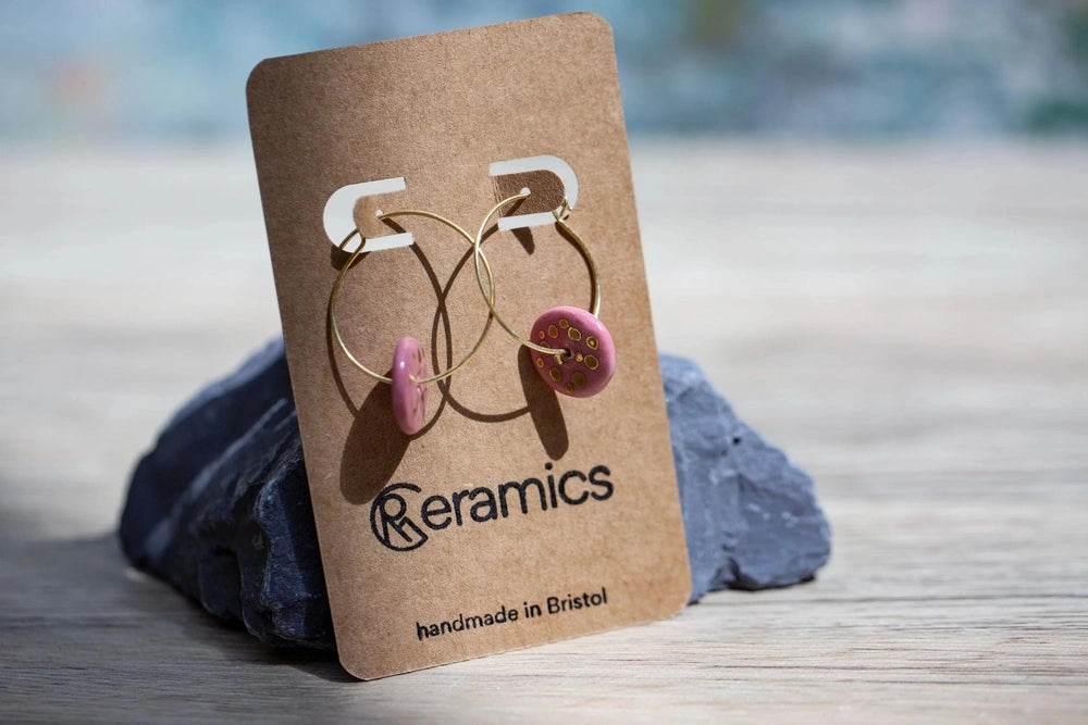 Pink Raspberry Porcelain Hoop Earrings | 24K Gold Minimalist Jewellery