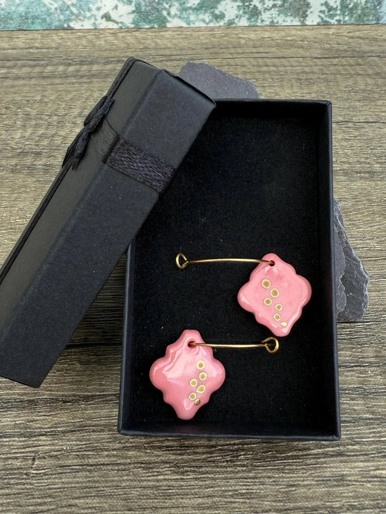 Raspberry Pink Square Porcelain Hand-Crafted Earrings with Painted Details