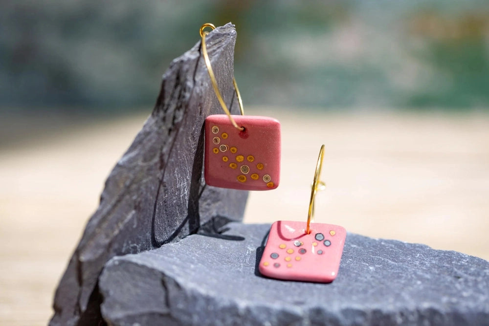 Raspberry Pink Square Porcelain Hand-Crafted Earrings with Painted Details