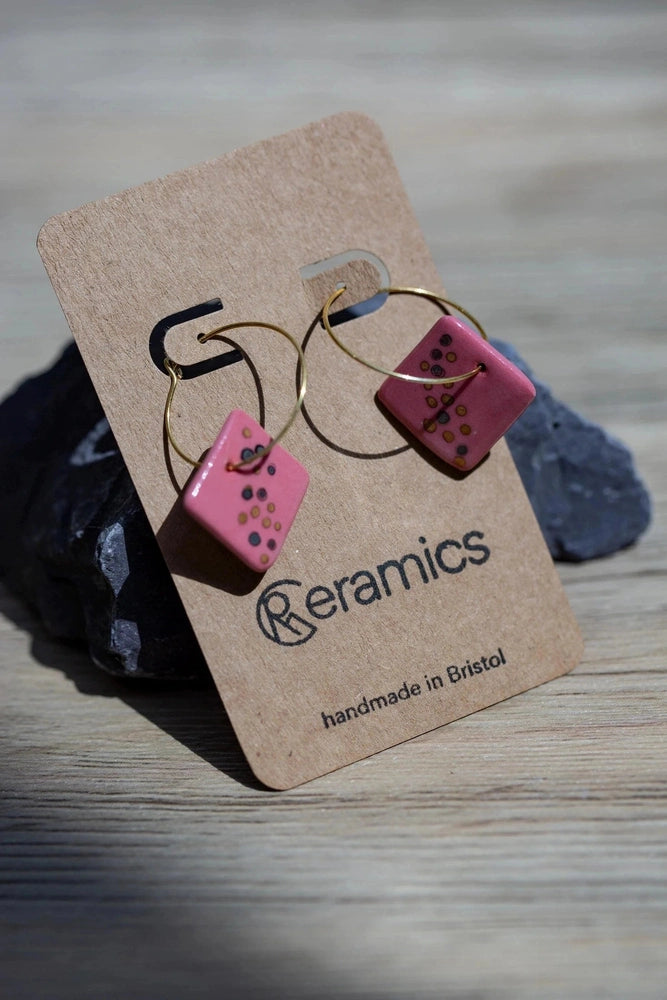 Raspberry Pink Square Porcelain Hand-Crafted Earrings with Painted Details