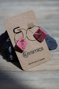 Raspberry Pink Square Porcelain Hand-Crafted Earrings with Painted Details